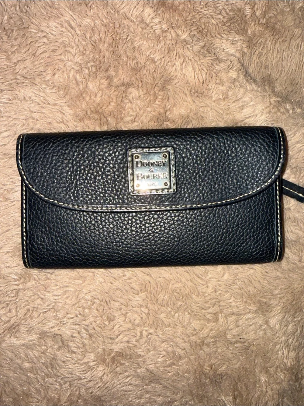 Dooney & Bourke Black Pebbled Leather Continental Wallet with Silver Plate